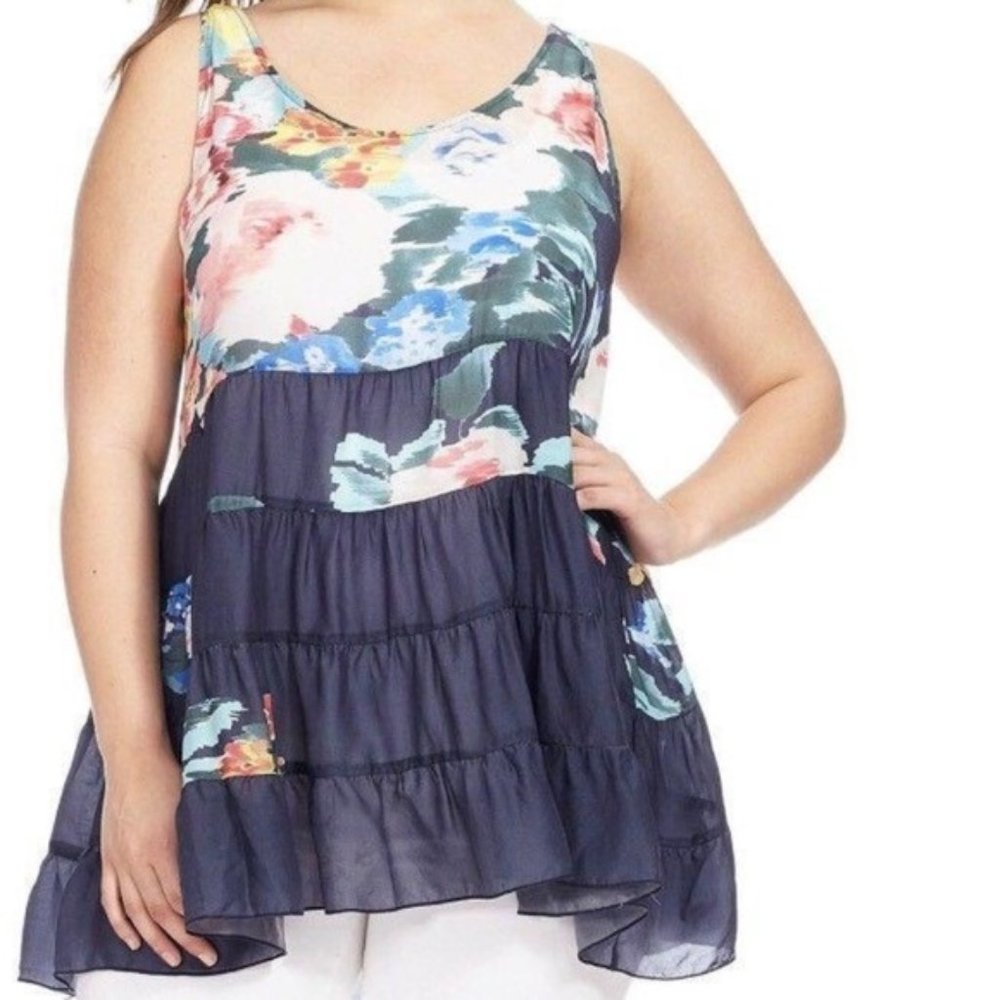 Johnny Was Blue Floral Tiered Flowy Abstract Top